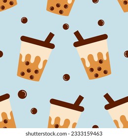 Seamless pattern with bubble milk green tea cups on blue background vector illustration