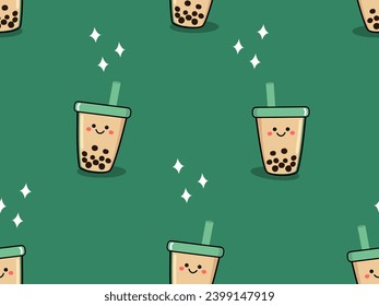 Seamless pattern with bubble milk green tea cups on green background vector.