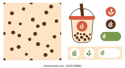 Seamless pattern with bubble milk green tea, tapioca balls on milk tea background. Bubble milk cup and set of green tea leaf sign logo isolated on white background vector.