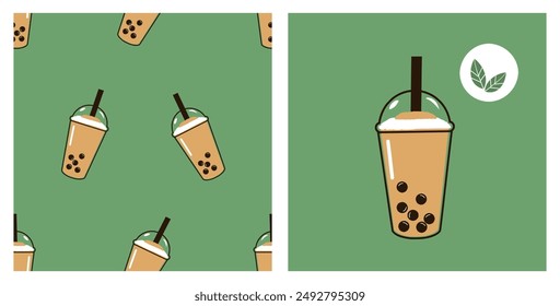 Seamless pattern with bubble milk green tea cups on green background vector.