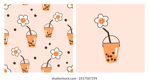 Seamless pattern with bubble milk green tea cup and cute flower cartoons on orange background. Green tea cup and cute flower icon  sign. 