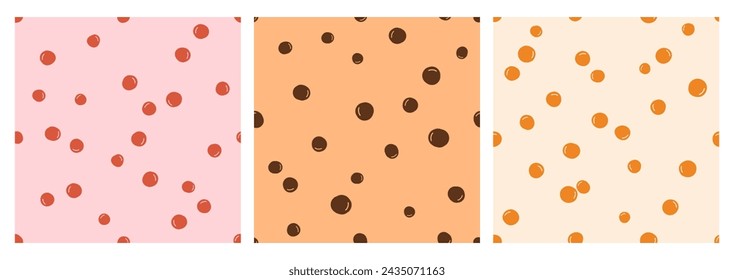 Seamless pattern with bubble milk tapioca balls, strawberry or cherry and orange balls flavors on milk tea texture vector illustration. 