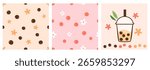 Seamless pattern of bubble milk tea texture with tapioca balls and cute flower on orange and pink backgrounds. Bubble milk tea cup, flower, green leaves icon signs vector.