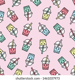 seamless pattern and bubble milk tea pink background  vector  illustration