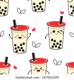 Seamless pattern of Bubble milk tea cup with abstract green tea leaves on white background. funny cartoon character.  beverage Vector illustration