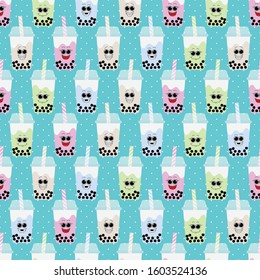 seamless pattern with bubble milk tea on green background. vector, illustration