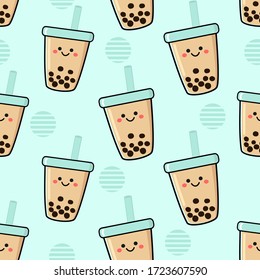 Seamless pattern of bubble milk tea cup with cute face on blue background vector illustration. pretty cartoon character.