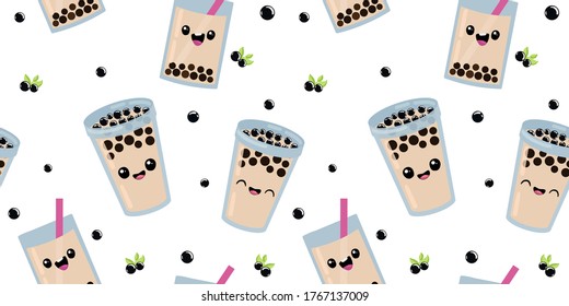 Seamless pattern Bubble milk tea with tapioca. Pearl milk tea, black delicious pearls is Taiwanese famous. Popular drink. Vector illustration sketch. Character Cartoon. Cute  Kawaii cartoon.