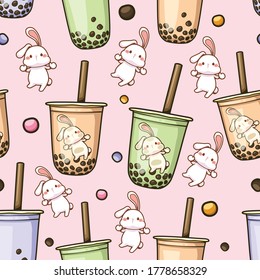 Seamless pattern of Bubble milk tea with white rabbit cartoon illustration. Pink background, Vector character cartoon.