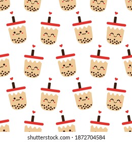 
Seamless pattern with bubble milk tea cup with straw on white milk texture background vector illustration. Funny cartoon character. Flat design for print.