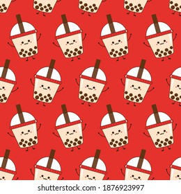 Seamless pattern with bubble milk tea cup on red background vector illustration. Cute cartoon food pattern.