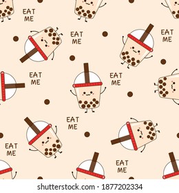 Seamless pattern with bubble milk tea cup with cute face on milk tea texture, repeating background vector illustration. Funny cartoon character, flat design.