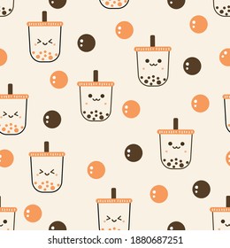 Seamless Pattern With Bubble Milk Tea Cup On Milk Tea Texture Background Vector Illustration.