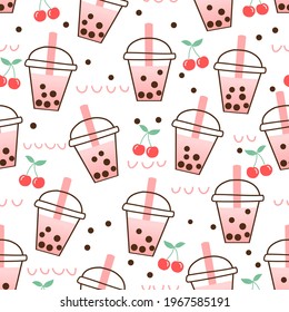 Seamless pattern with bubble milk tea cup with cherry fruit on white background vector illustration.