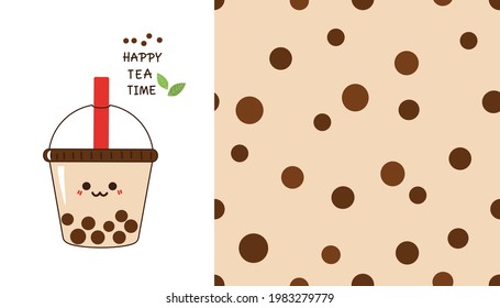 Seamless Pattern With Bubble Milk Tea Texture Background, Bubble Milk Tea Cup Cartoon And Hand Written Font Vector Illustration. 