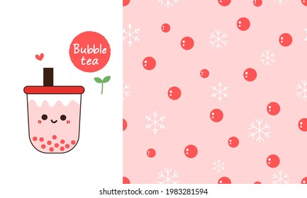 Seamless pattern with bubble milk tea texture on pink background. Bubble milk tea cup cartoon, hand written font, green tea leaves vector illustration.