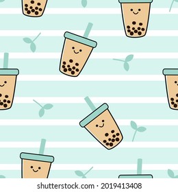 Seamless pattern with bubble milk tea cups with green leaves on  green stripe background vector illustration.