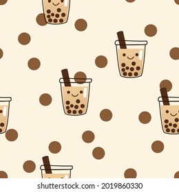 Seamless pattern with bubble milk tea cup on milk tea texture vector illustration. Cute cartoon style.