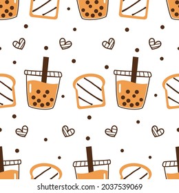 Seamless pattern with bubble milk tea cups, hearts and breads on white background vector illustration. Cute cartoon food.