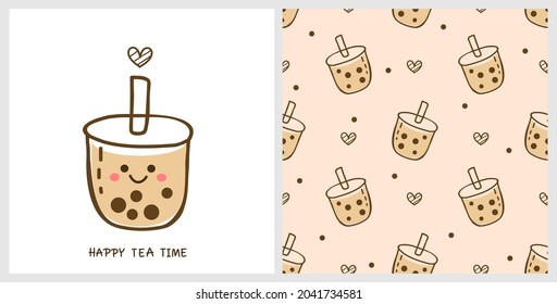 Seamless pattern with bubble milk tea cups and hearts on orange background. Bubble milk tea cup cartoon isolated on white background vector illustration. 