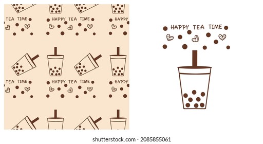 Seamless pattern with bubble milk tea cups, hearts and hand written font on milk tea background vector illustration.