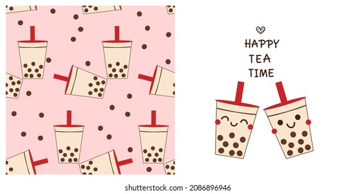 Seamless pattern with bubble milk tea cups on pink background. Bubble milk tea cup cartoons and hand written font isolated on white background vector illustration.