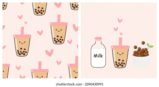 Seamless pattern with bubble milk tea cup cartoons and hand drawn hearts on pink background vector illustration.