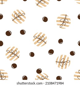 Seamless pattern with bubble milk tea, brown balls and green tea leaves on white background vector illustration. 