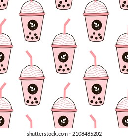 Seamless pattern with bubble milk tea cups on white background vector illustration.