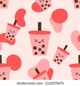 Seamless pattern with bubble milk tea cup cartoon on pink background vector illustration. 