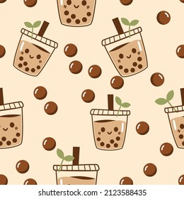 Seamless pattern with bubble milk tea cup cartoon and green tea leaves on milk tea texture background vector illustration.