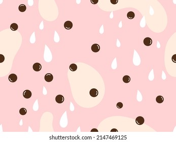 Seamless Pattern With Bubble Milk Tea Texture And Milk Drops On Pink Background Vector Illustration.