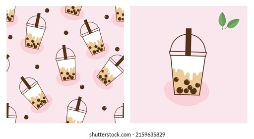 Seamless pattern with bubble milk tea cups on pink background vector illustration. 