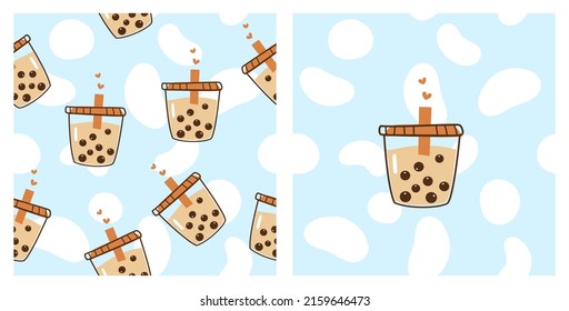 Seamless pattern with bubble milk tea cups on blue background vector illustration.