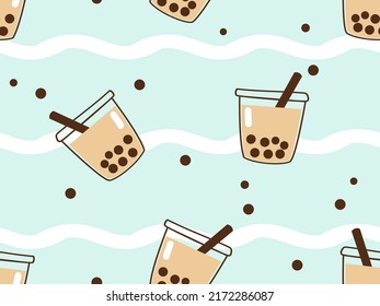 Seamless pattern with bubble milk tea cups on white green stripe background vector illustration. 