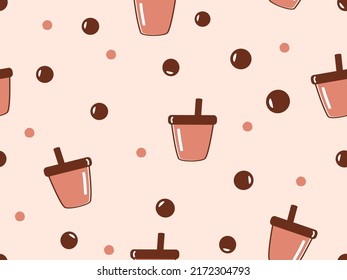 Seamless pattern with bubble milk tea cups on pastel background vector illustration. 