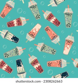 Seamless pattern with bubble milk tea in cups. Repeating print with cold boba cocktail in glasses with straw. Colored flat vector illustration for decoration