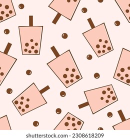 Seamless pattern with bubble milk tea cups on pink pastel background vector illustration.