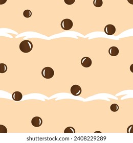 Seamless pattern with bubble milk tea texture, milk wave and tapioca balls vector. 