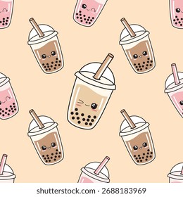 seamless pattern with bubble milk tea on pink background. vector, illustration