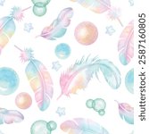 Seamless pattern of bubble star and feather hand drawn with watercolor.