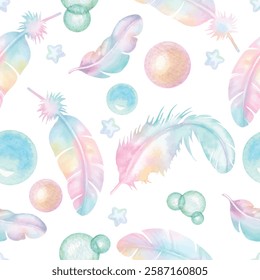 Seamless pattern of bubble star and feather hand drawn with watercolor.