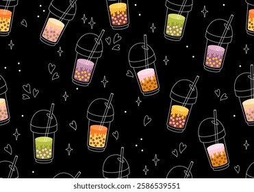 Seamless pattern with bubble tea, boba in glasses, Asian pearl milk drink, Tapioca cocktails. Tapioсa milk bubble tea drink. Yummy drinks, soft drinks. Milkshake, asian smoothie and mocha in glasses