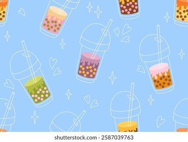 Seamless pattern with bubble tea, boba in glasses, Asian pearl milk drink, Tapioca cocktails. Tapioсa milk bubble tea drink. Yummy drinks, soft drinks. Milkshake, asian smoothie and mocha in glasses