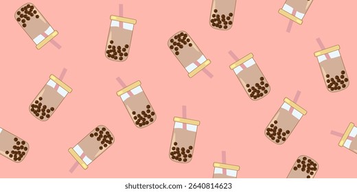 Seamless pattern with bubble tea or boba drink with pink straws on pink background, vector