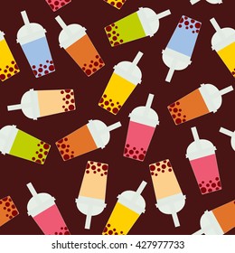 Seamless pattern Bubble Tea with different fruits and berries. Milk Cocktails in plastic cup, tubule. Different sorts of Bubble Tea Cocktails. pastel colors on brown background. Vector