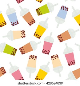 Seamless pattern Bubble Tea with different fruits and berries. Milk Cocktails in plastic cup, tubule. Different sorts of Bubble Tea Cocktails. pastel colors isolated on white background. Vector