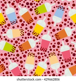 Seamless pattern Bubble Tea with different fruits and berries. Milk Cocktails in plastic cup, tubule. Different sorts of Bubble Tea Cocktails. pastel colors on pink background. Vector