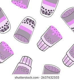 Seamless pattern of bubble tea drinks with tapioca pearls, ice cubes and decorated straws with bows. Modern kawaii style, flat design, isolated on white background.