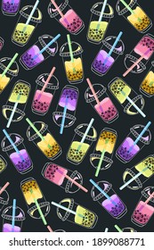 Seamless pattern with bubble tea on a dark background. Vector graphics.